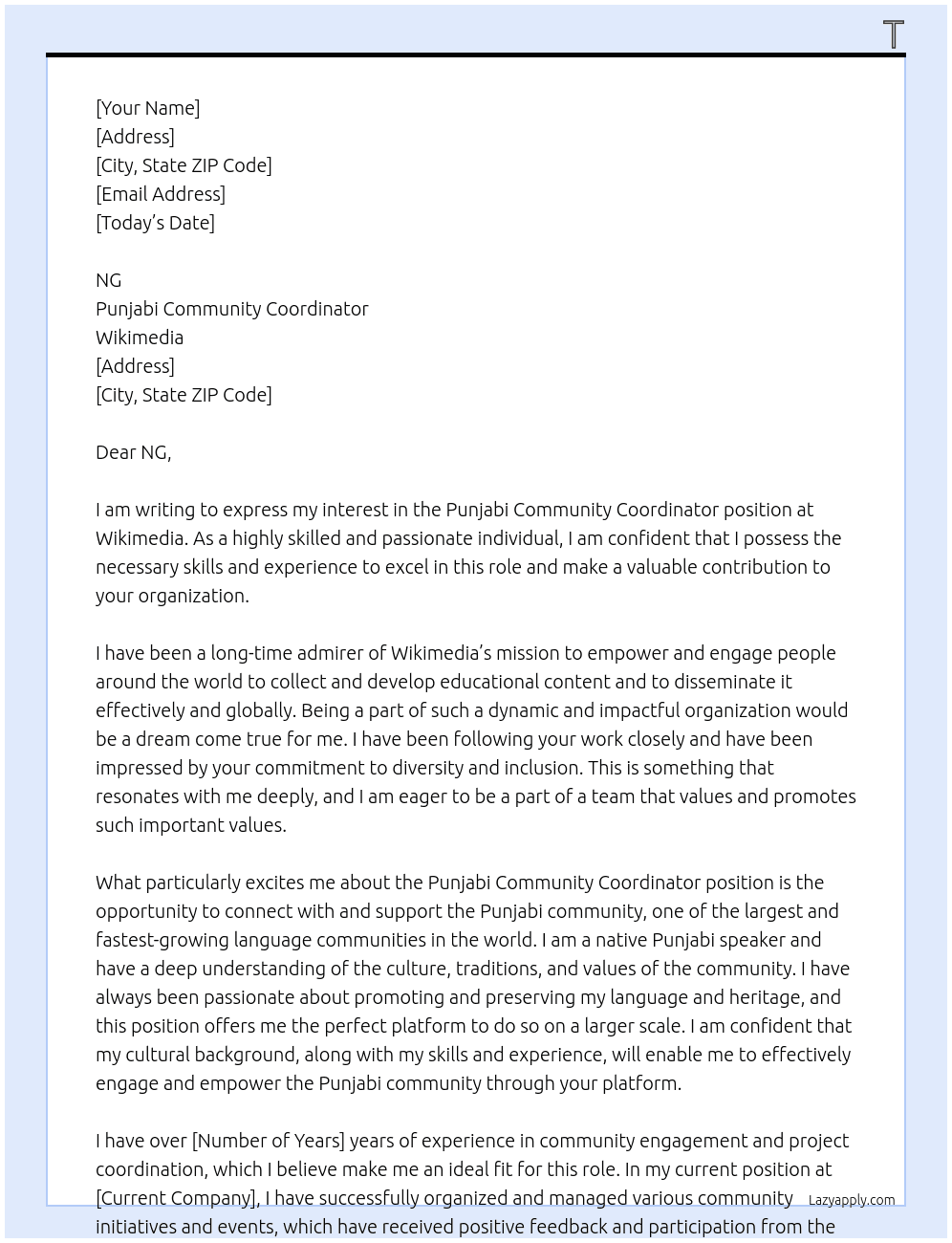 Punjabi Community Coordinator At Wikimedia  Cover Letter