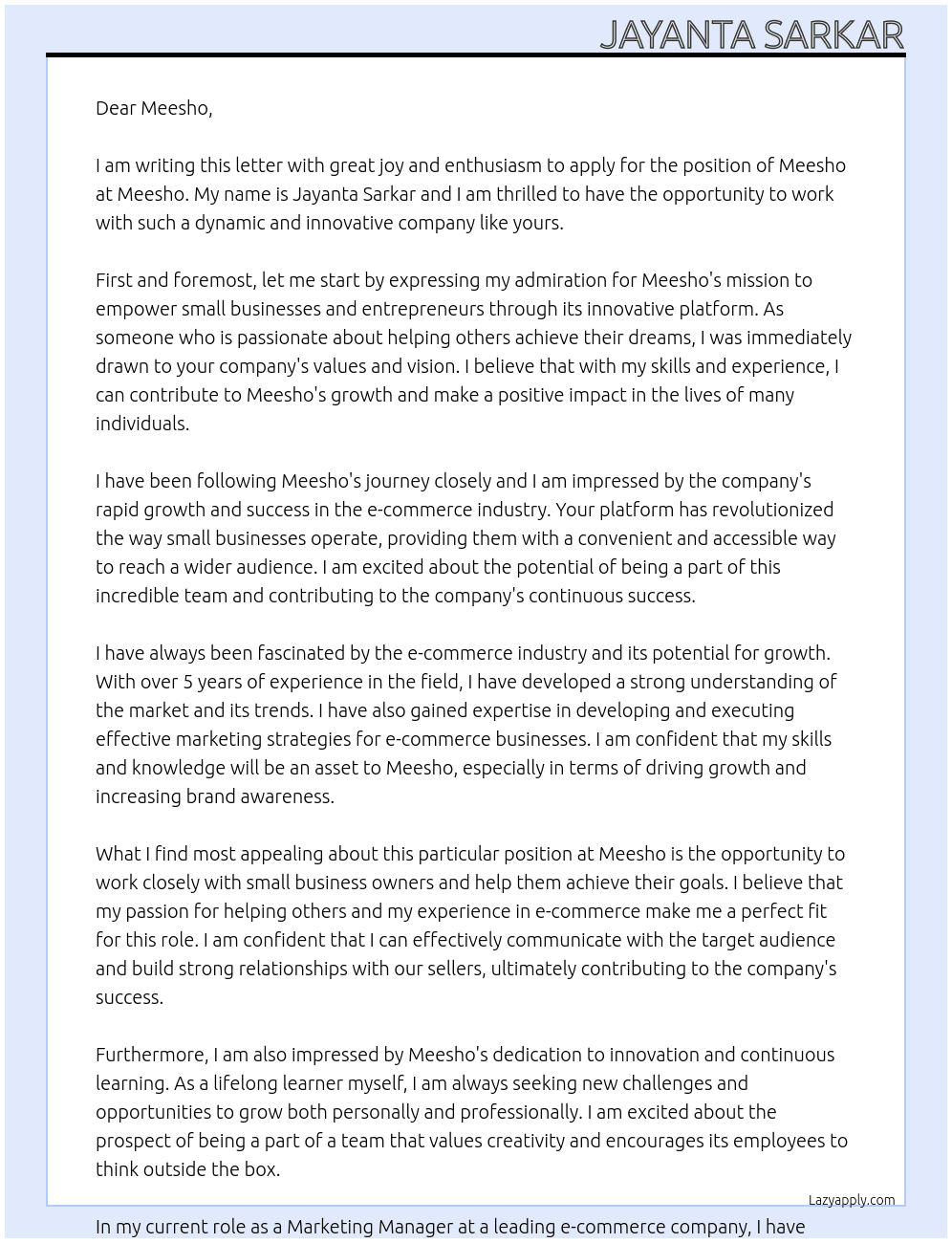 MEESHO At MEESHO Cover Letter