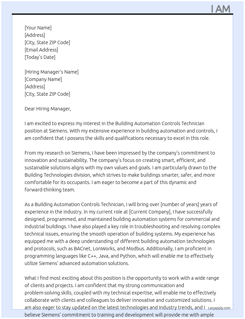 Cover letter for building automation controls technician - LazyApply