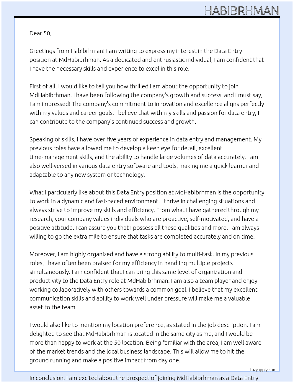 Data entry  At MdHabibrhman Cover Letter