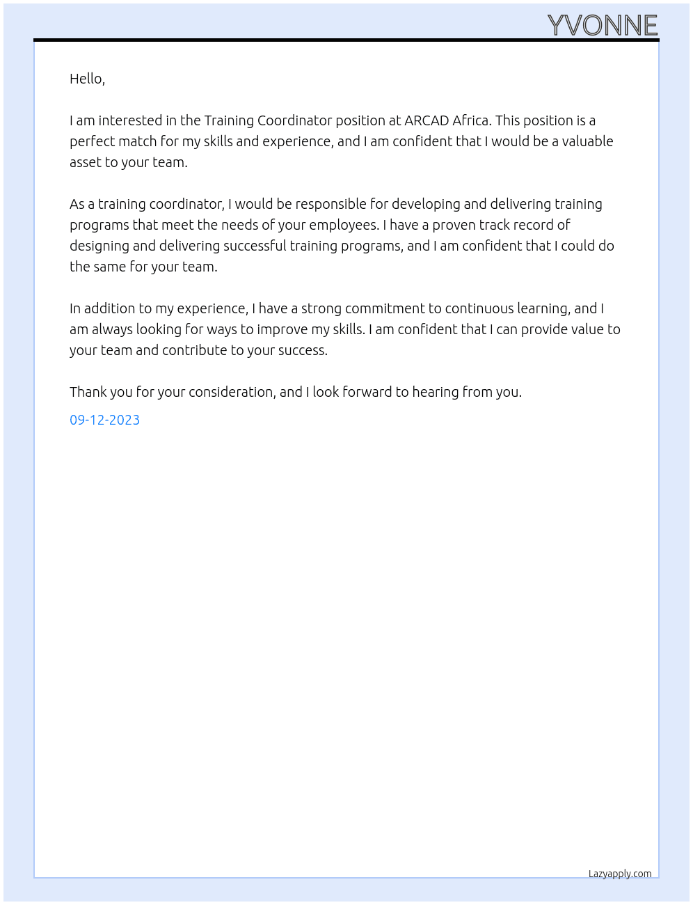 Training Coordinator At ARCAD Africa Cover Letter