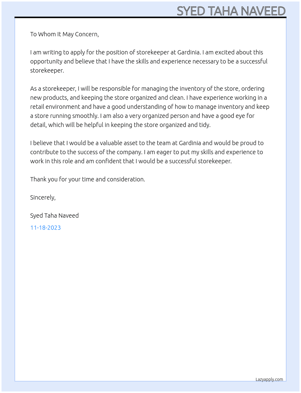 Storekeeper At Gardinia Cover Letter