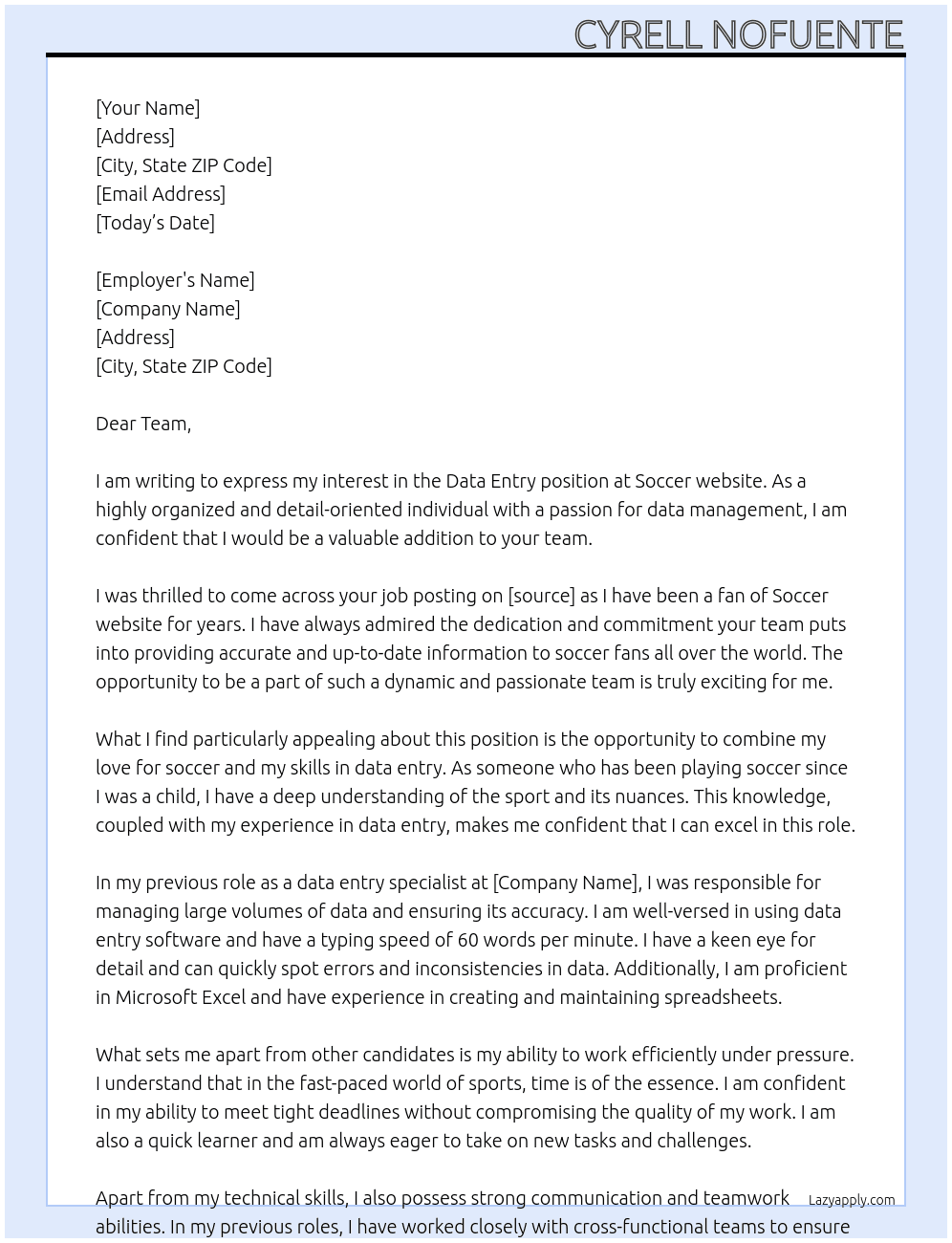 Data entry At Soccer website Cover Letter