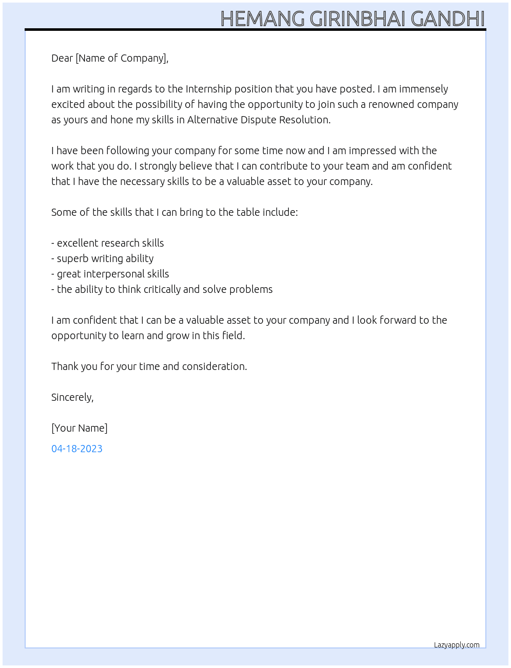 Internship At Indian Institute of Alternative Dispute Cover Letter