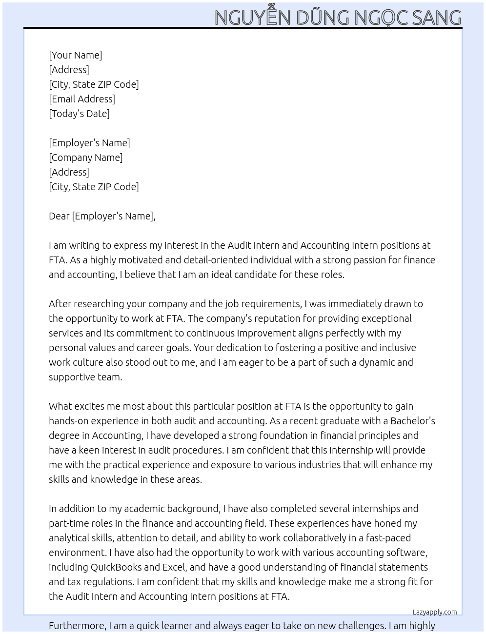 Audit intern and Accounting intern At FTA Cover Letter