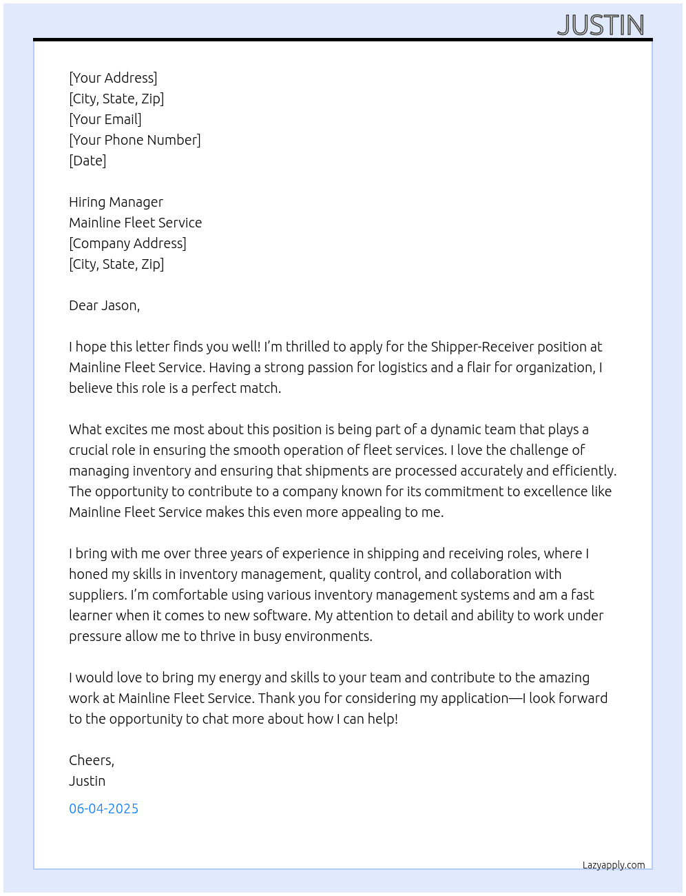 Shipper - Reciever At Mainline Fleet Service Cover Letter
