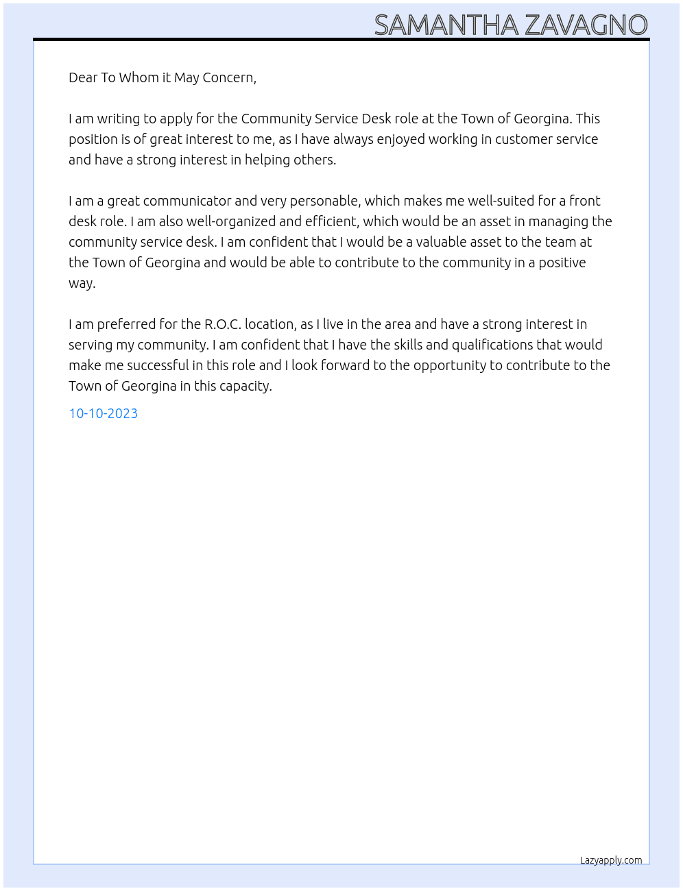 Community Service Desk At Town of Georgina Cover Letter