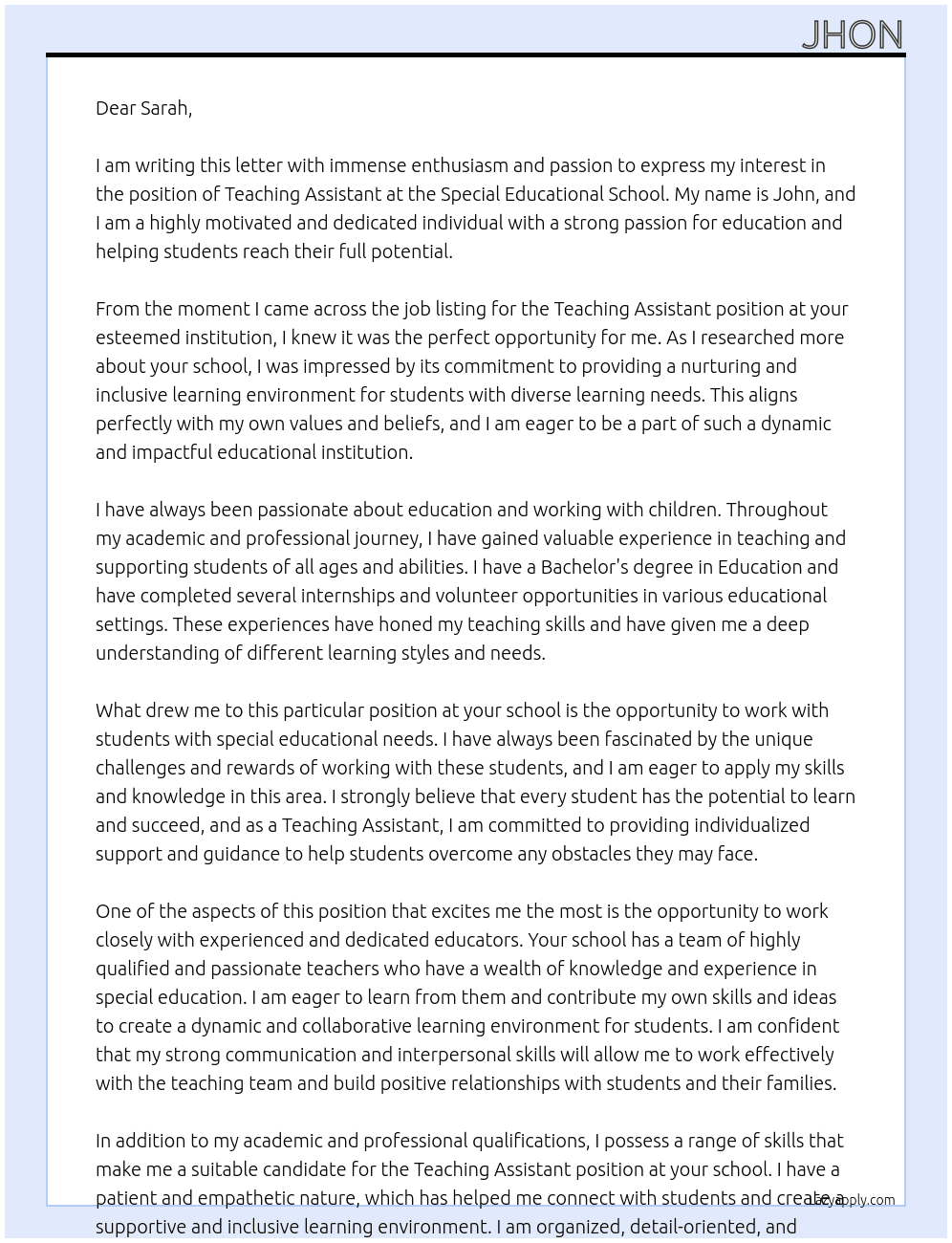 Teaching assistant At Special educational school Cover Letter