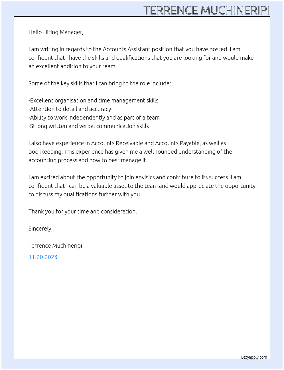 Accounts Assistant At envisics Cover Letter