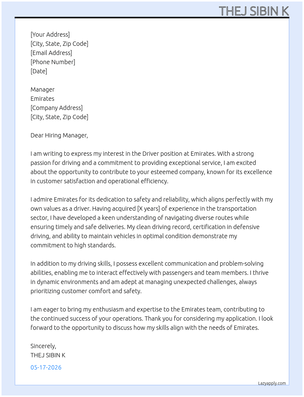 driver At emirates Cover Letter