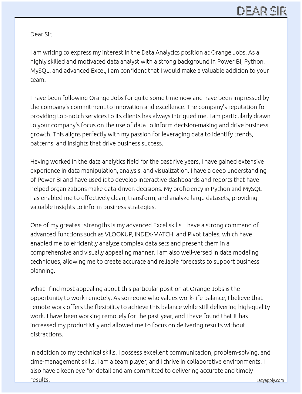 Data analytics  At Orange jobs Cover Letter