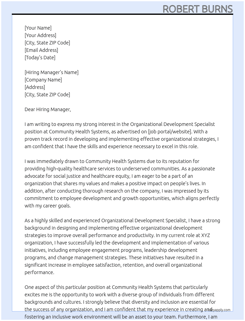 Organizational Development Specialist At Community Health Systems Cover Letter