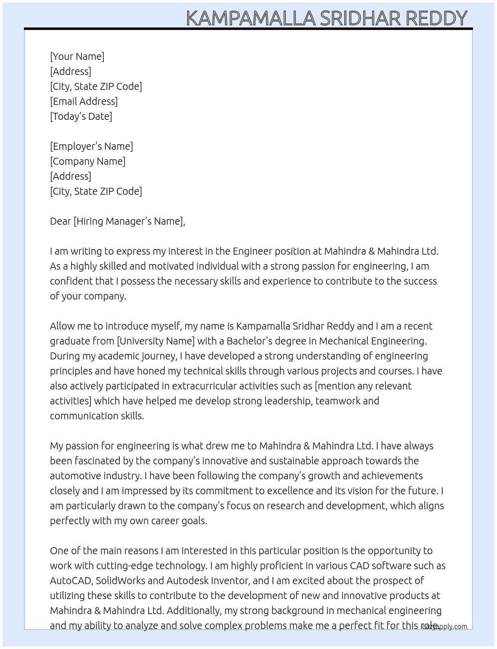 Engineer At Mahindra & Mahindra Ltd  Cover Letter