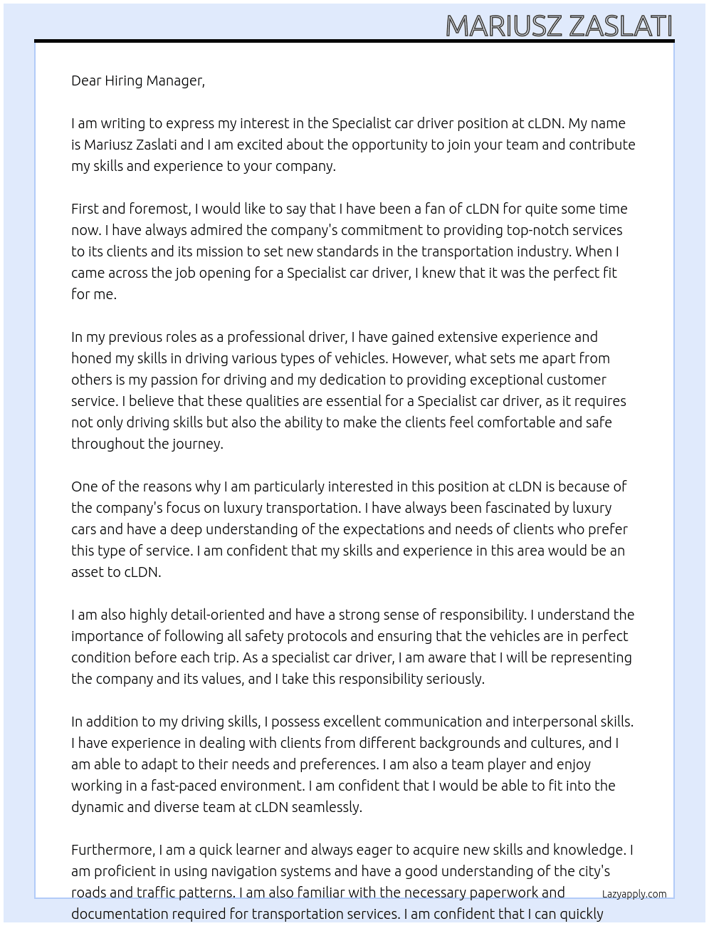 Specialist car driver  At cLDN Cover Letter