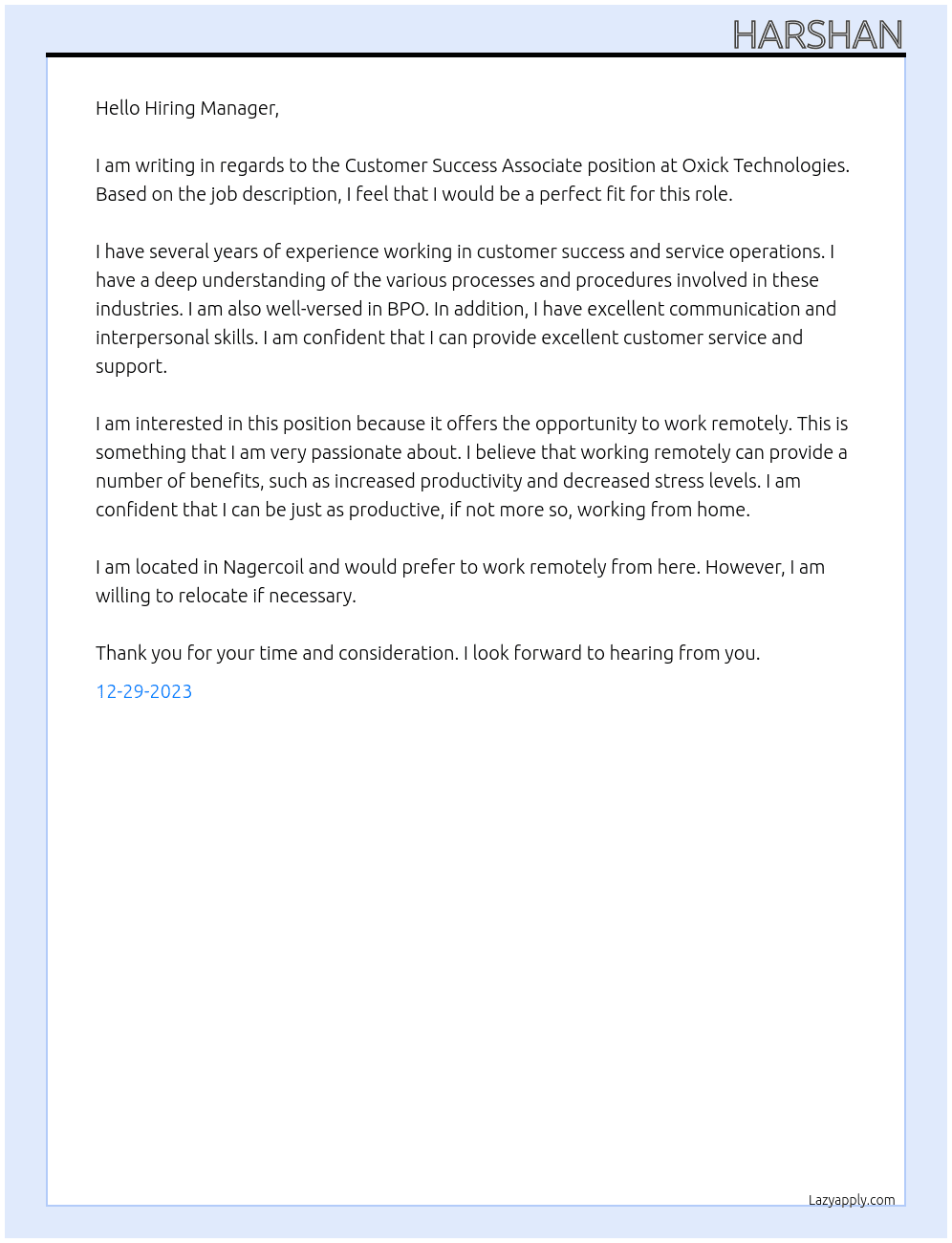Customer Success Associate(WFH) At Oxick Technologies Cover Letter