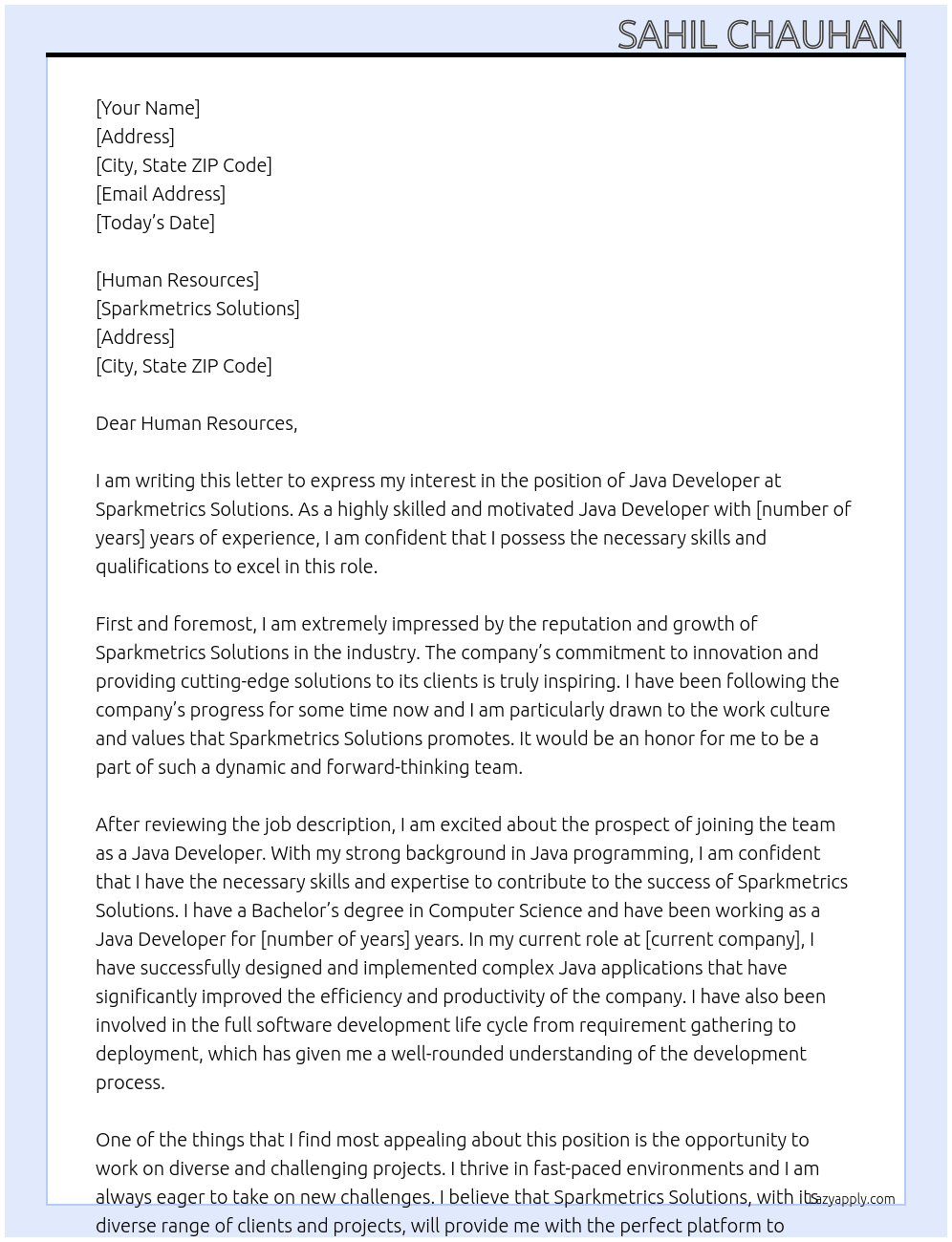 Java Developer At Sparkmetrics Solutions Cover Letter