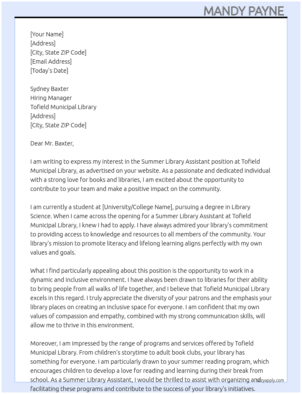 Summer Library Assistant  At Tofield Municipal Library  Cover Letter