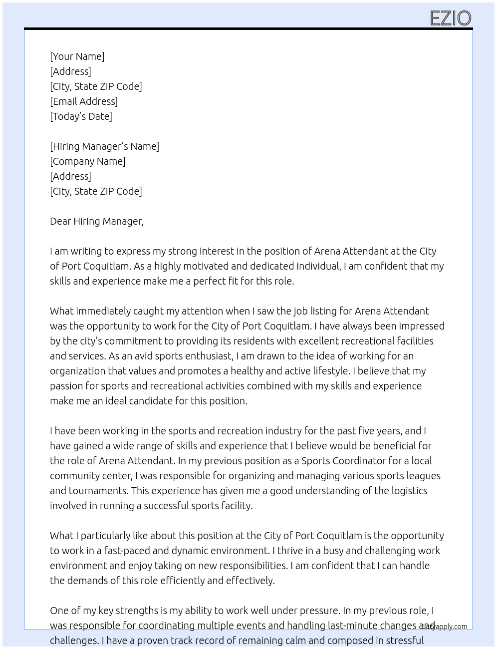 arena attendant At city of port coquitlam Cover Letter