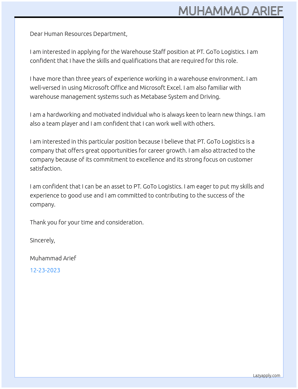 Warehouse Staff At PT. GoTo Logistics Cover Letter