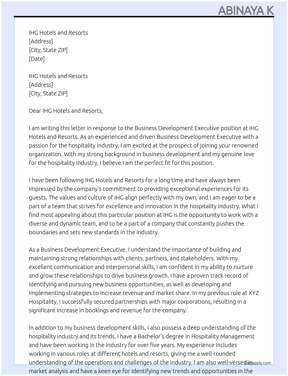 Business Development Executive At IHG Hotels and Resorts Cover Letter