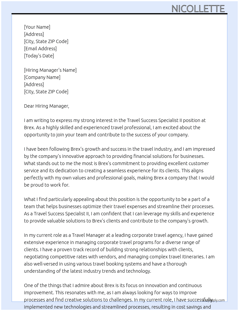 Travel Success Specialist II At Brex Cover Letter