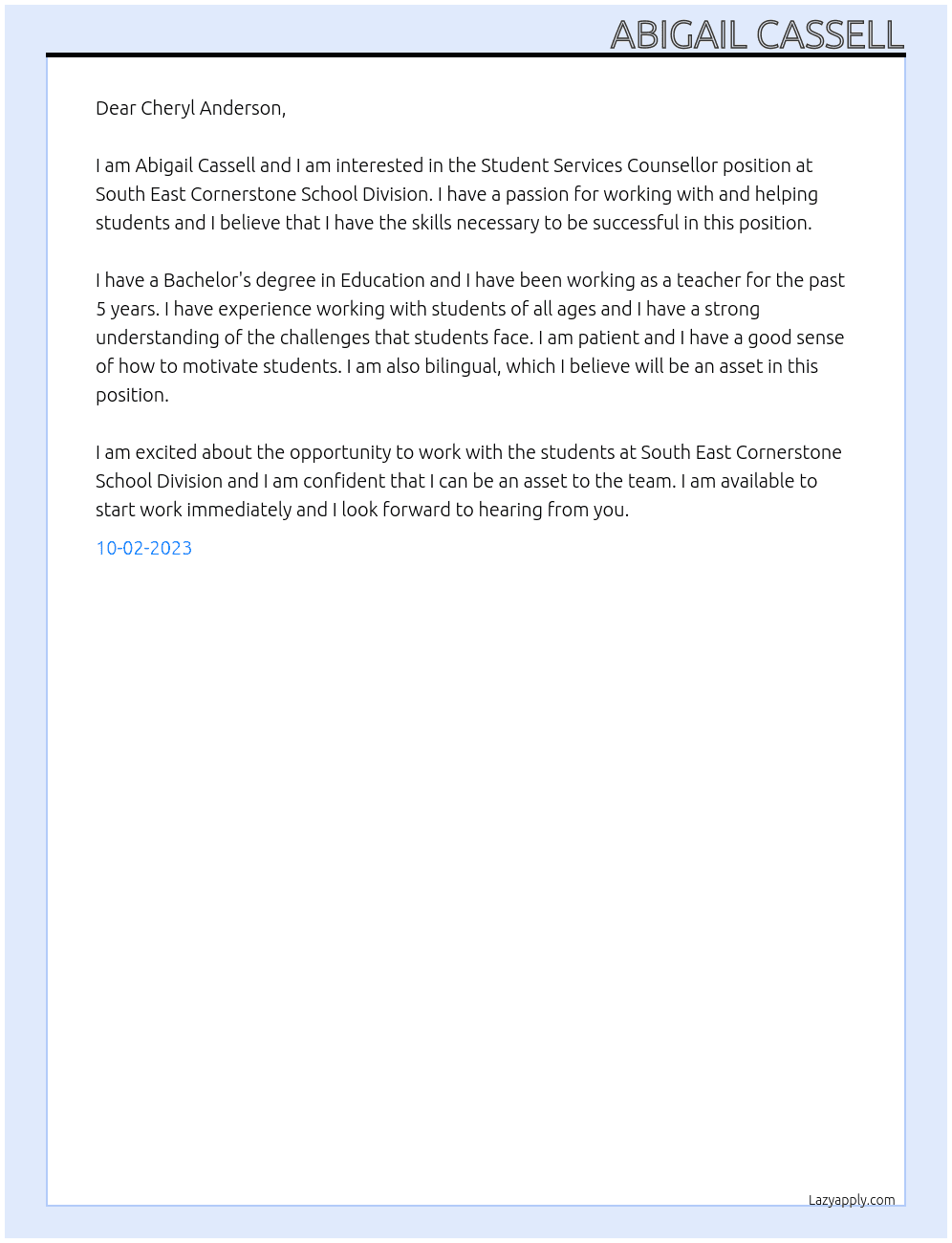 Student Services Counsellor At South East Cornerstone School Division  Cover Letter
