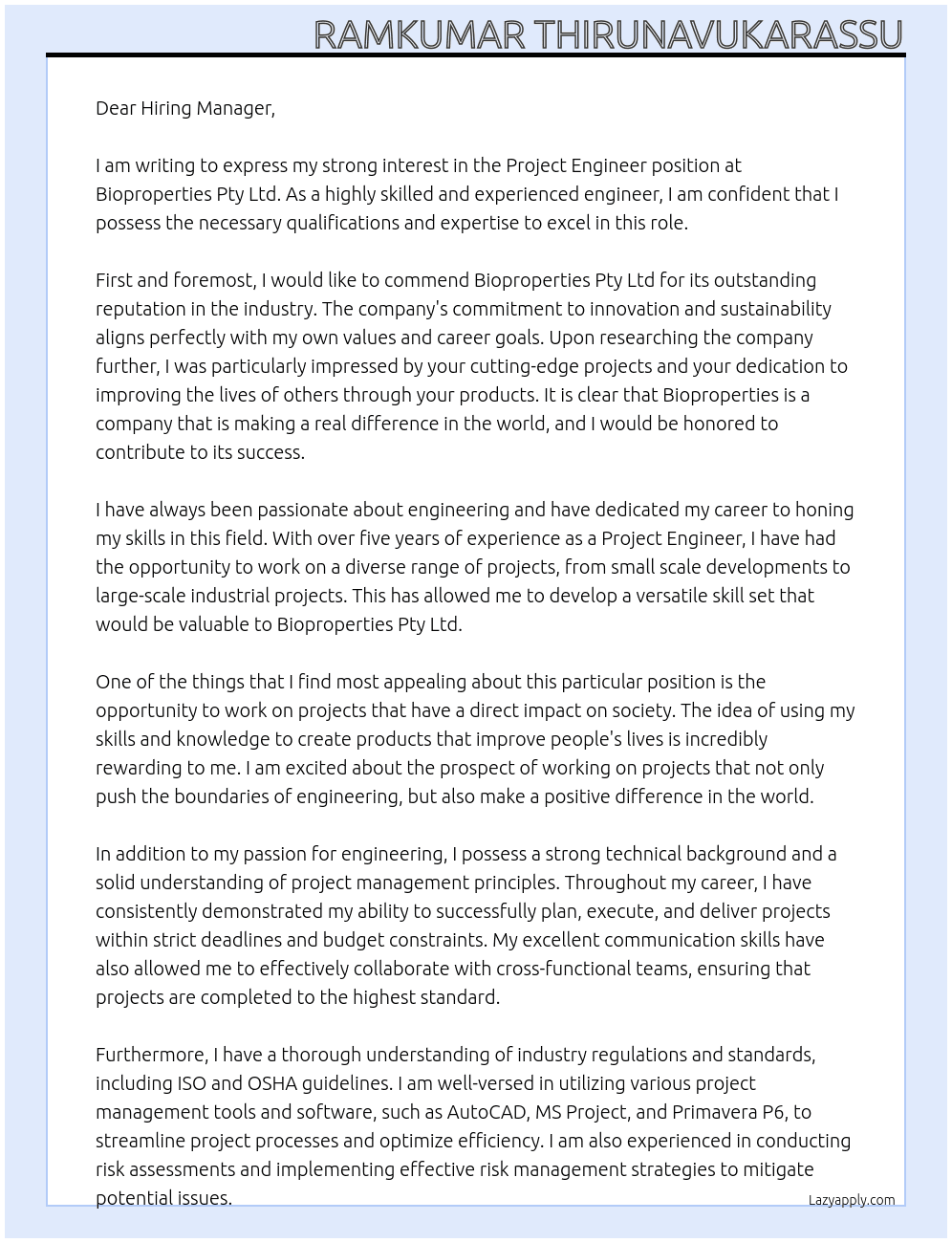 Project Engineer At Bioproperties Pty Ltd Cover Letter