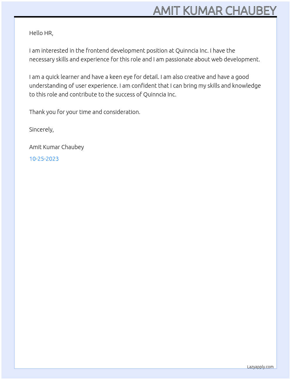 Forntend development  At Quinncia Inc Cover Letter