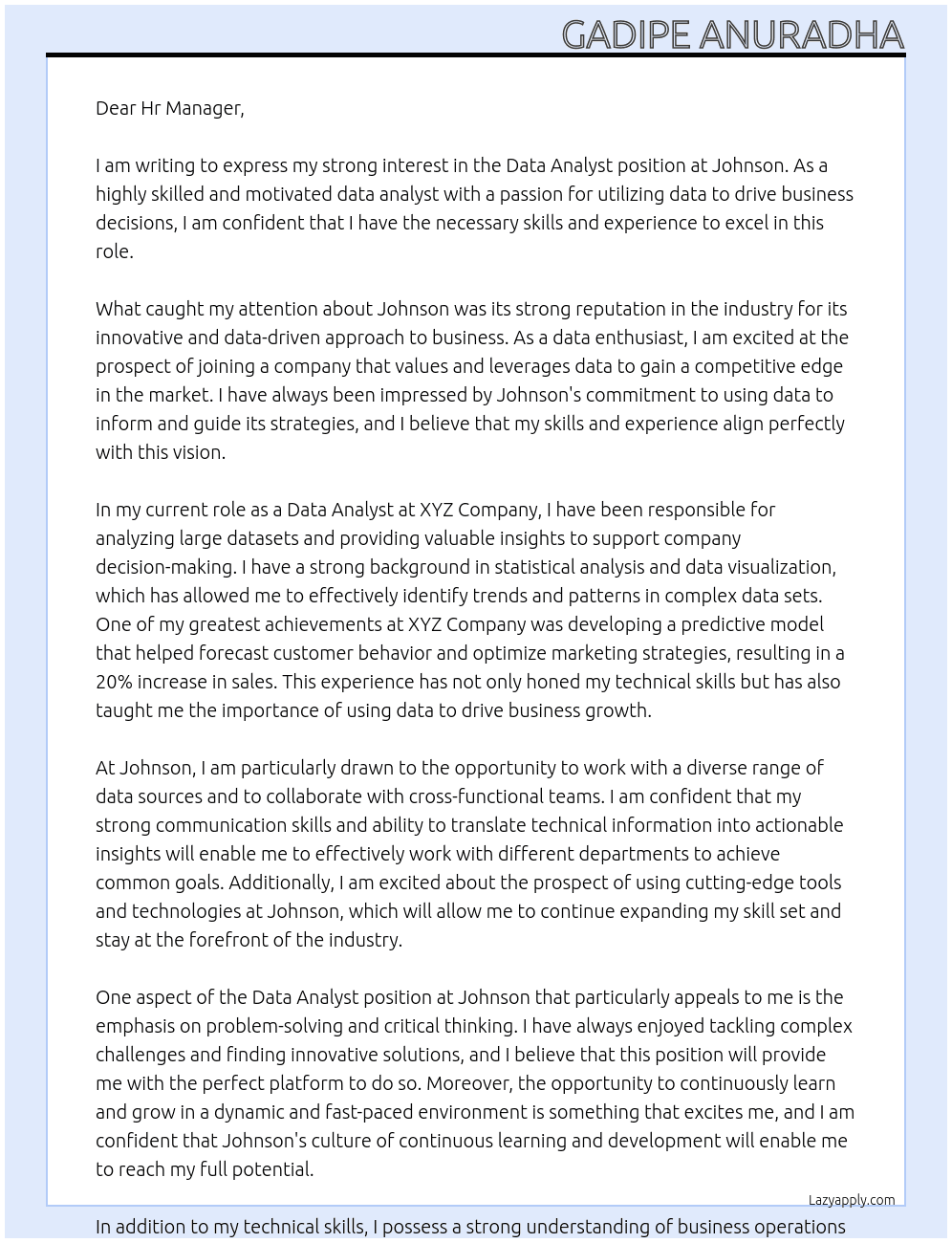 Data Analyst At Johnson Cover Letter