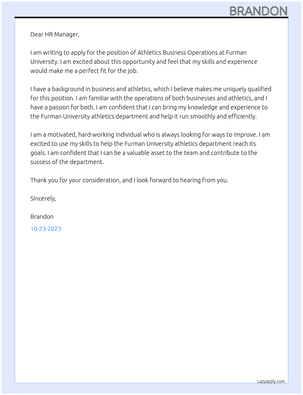 Athletics Business Operations At Furman University  Cover Letter