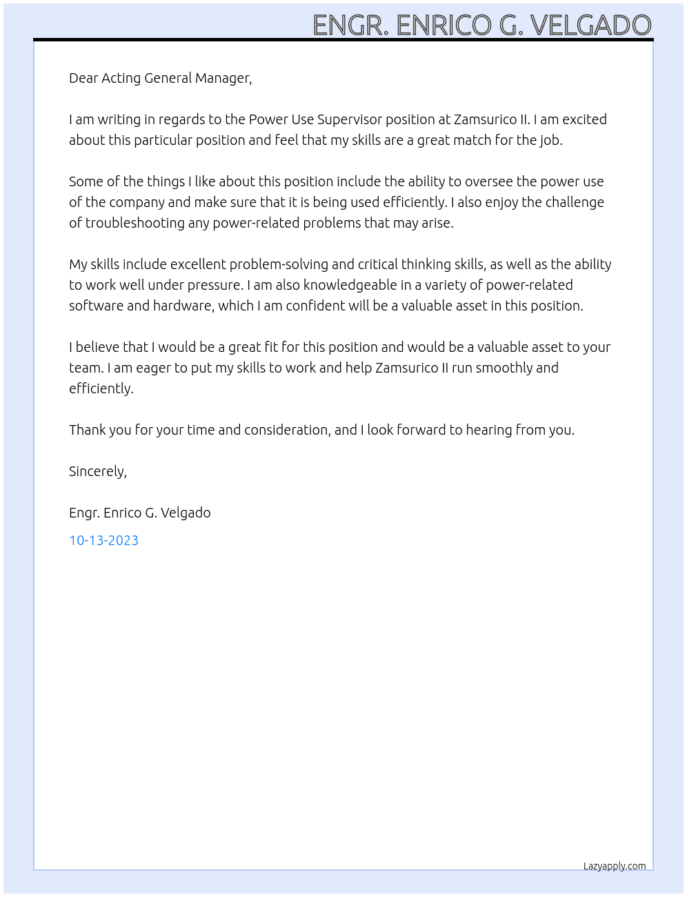 Power Use Supervisor At Zamsurico II Cover Letter