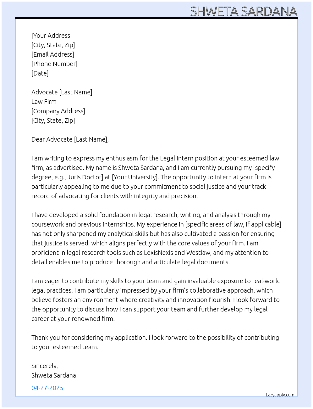 legal intern At law firm Cover Letter
