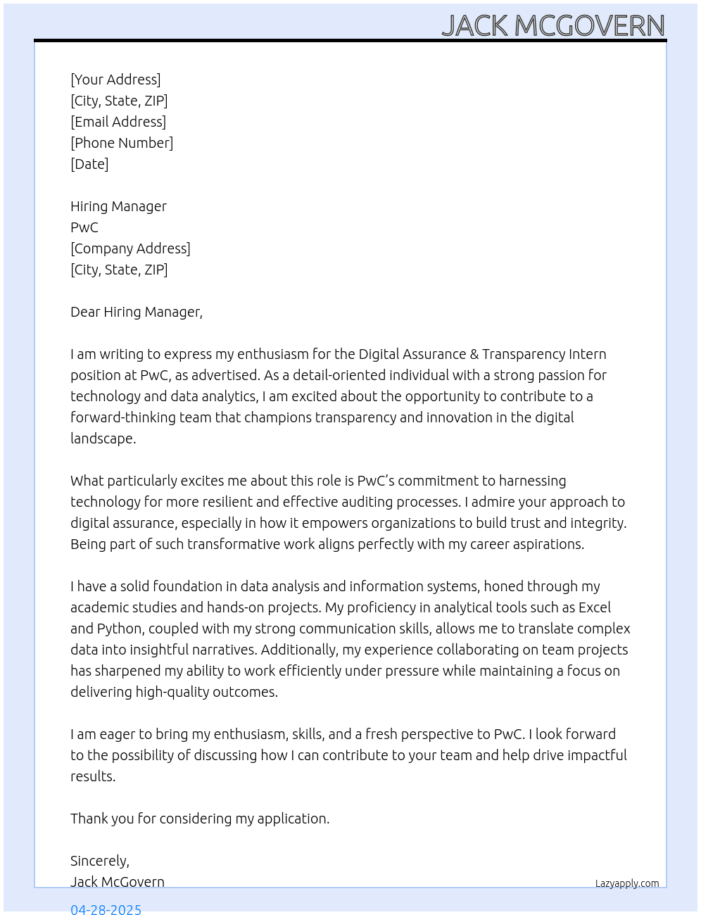 Digital Assurance & Transparancy Intern At PWC Cover Letter