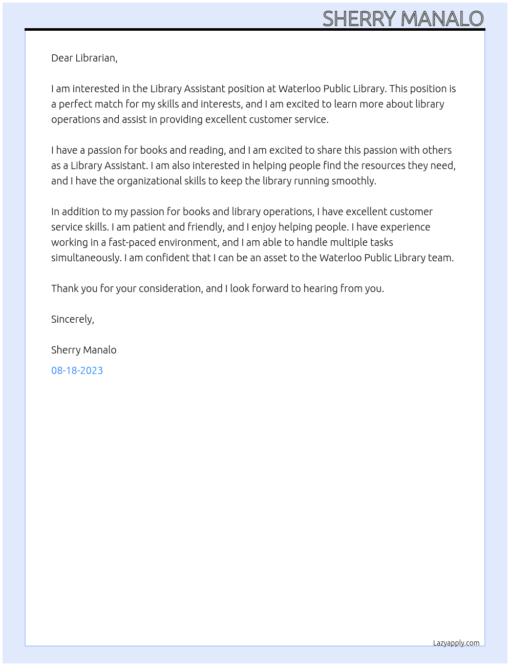 Library Assistant At Waterloo Public Library Cover Letter