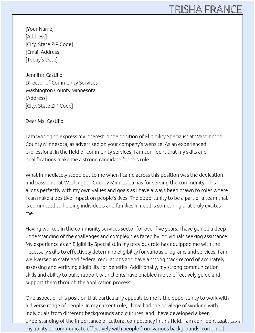 Eligibility Specialist At Washington County Minnesota Cover Letter