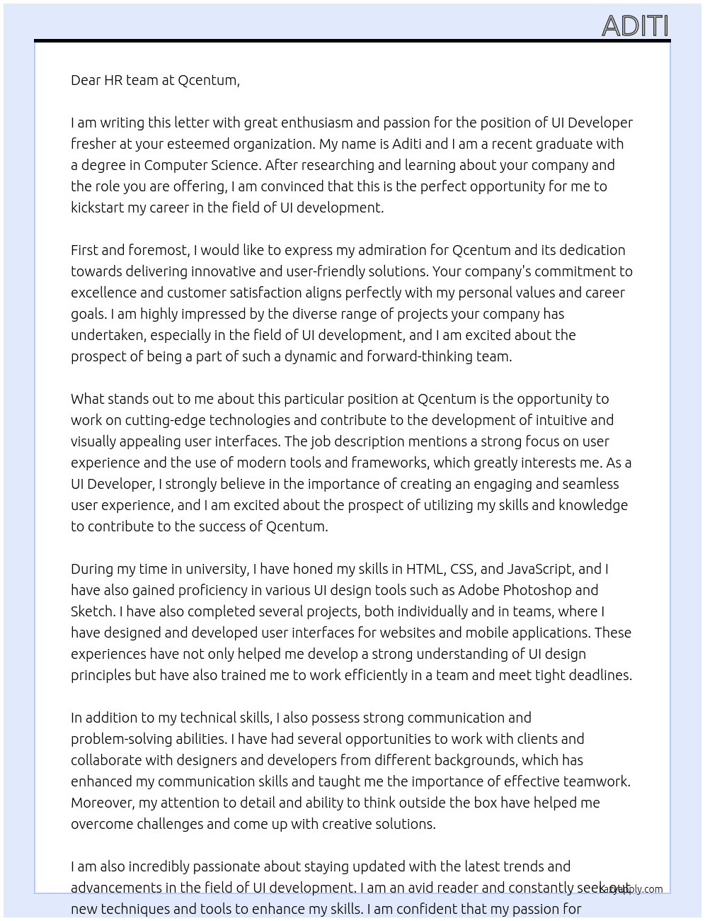 UI Developer fresher At Qcentum Cover Letter