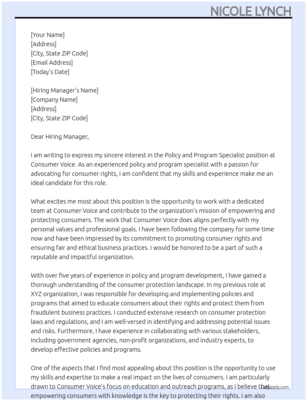 Policy and Program Specialist At Consumer Voice Cover Letter