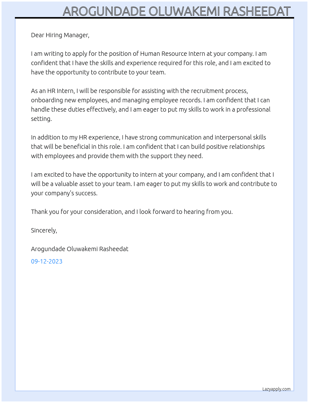 Human Resource Intern At Human Resource Intern Cover Letter