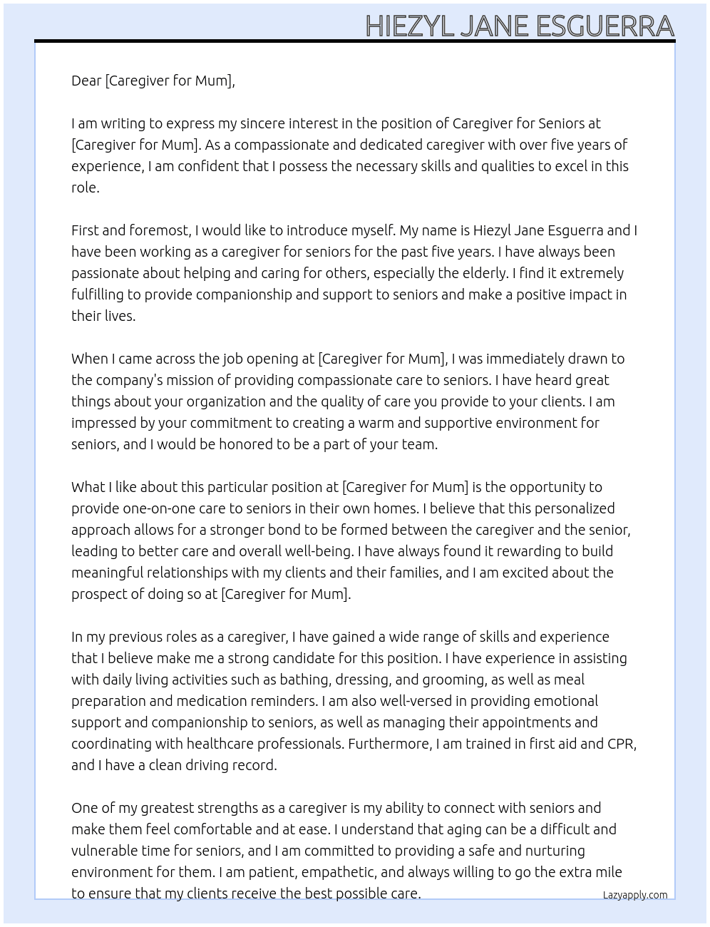 caregiver seniors At Caregiver for Mum Cover Letter