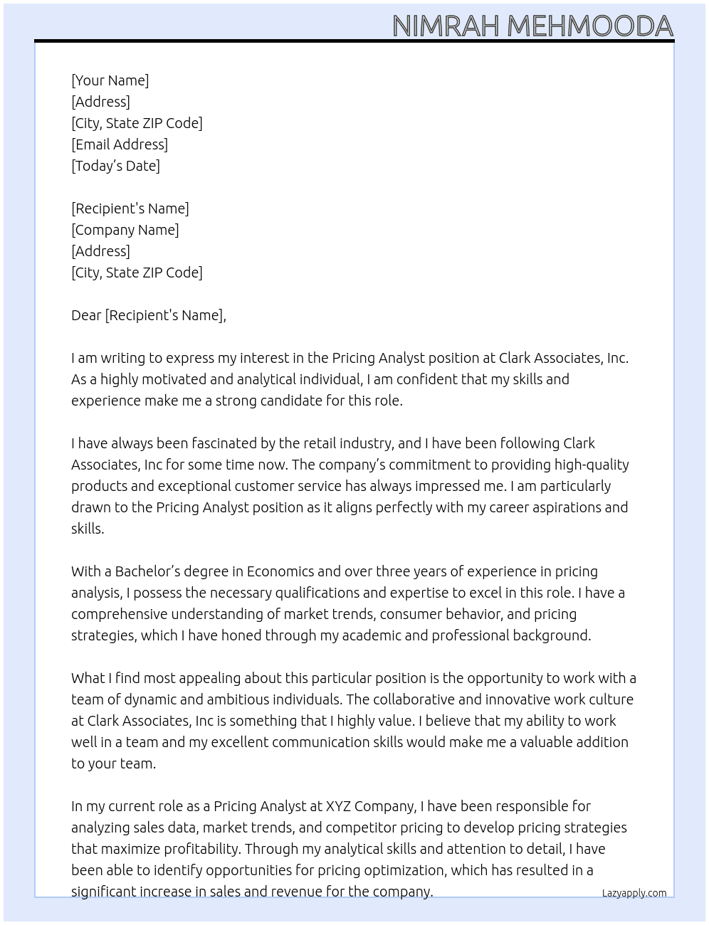Pricing Analyst At Clark Associates, Inc Cover Letter