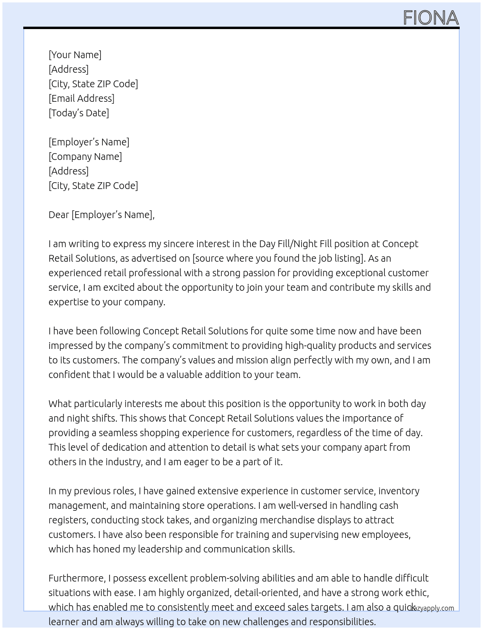 Day fill/ Night fill At Concept Retail Solutions Cover Letter