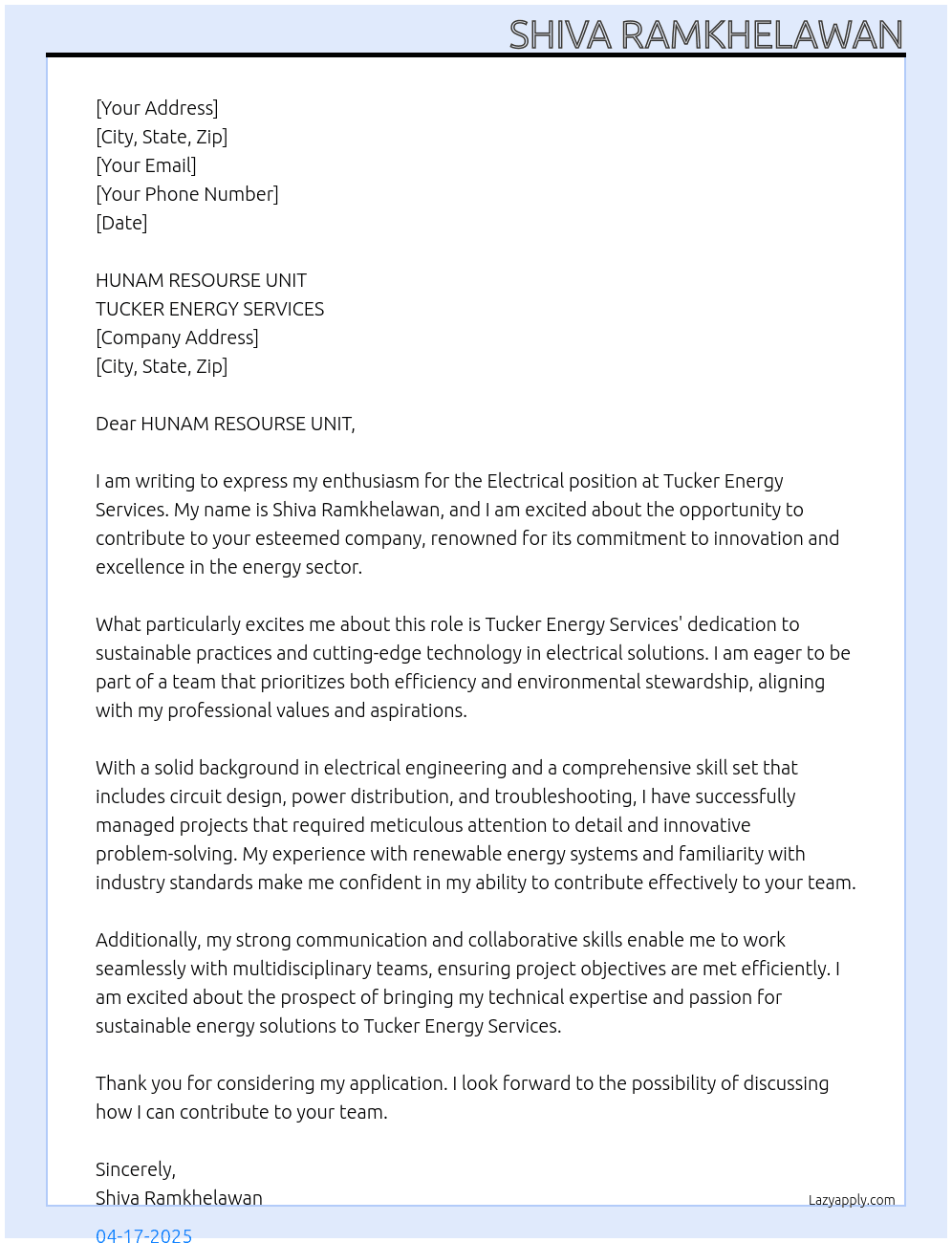 ELECTRICAL At TUCKER ENERGY SERVICES  Cover Letter