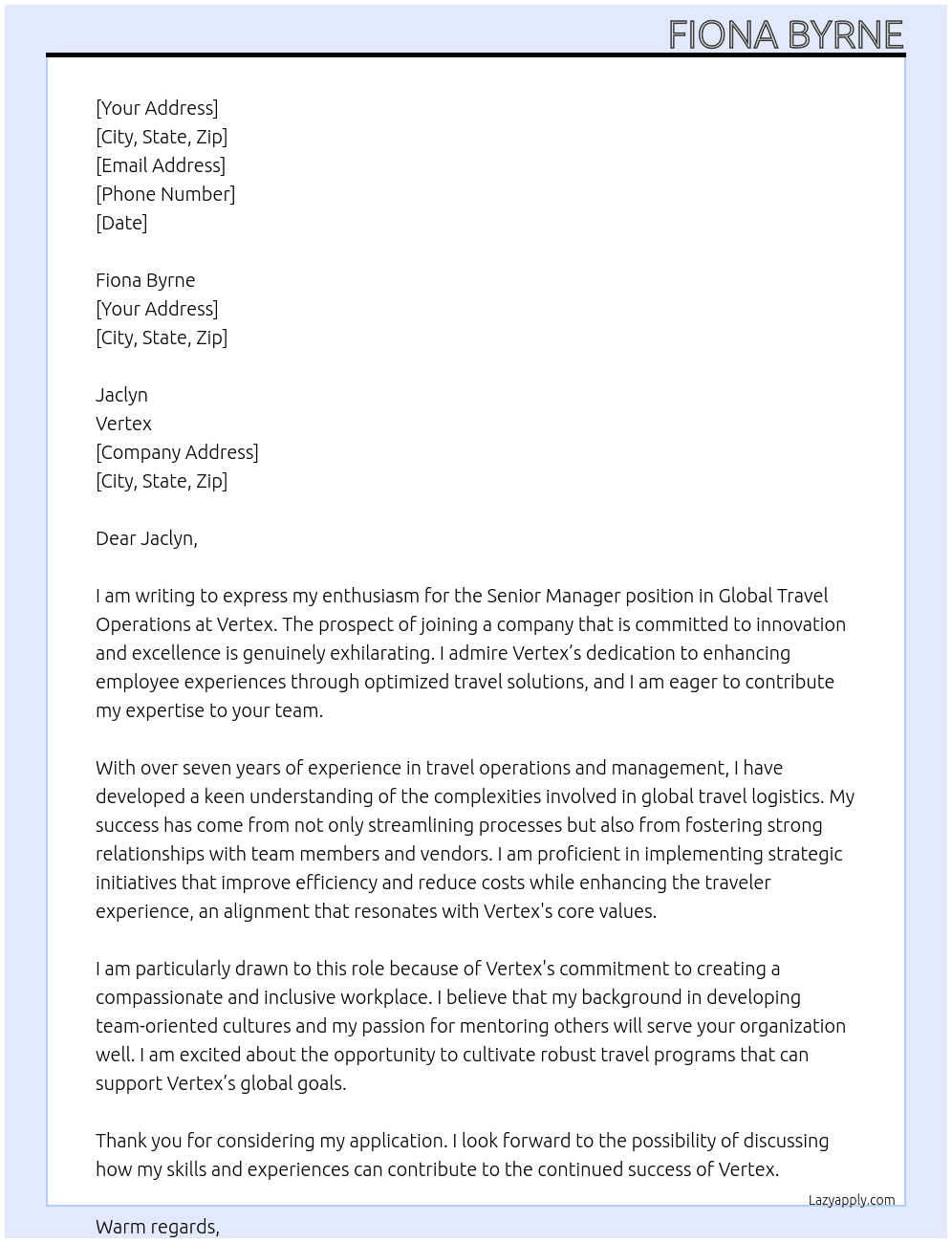 Global Travel Operations, Senior Manager At Vertex Cover Letter