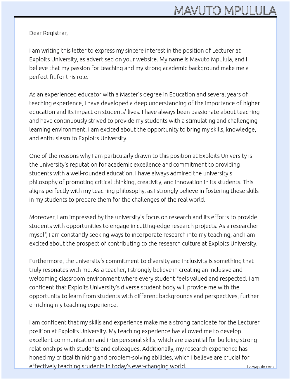 Lecturer At Exploits University Cover Letter