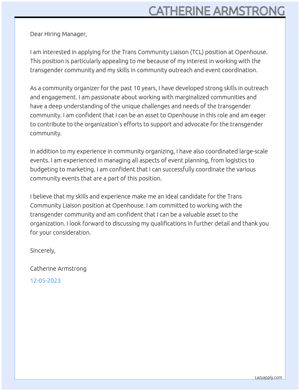 Trans Community Liaison (TCL) At Openhouse Cover Letter