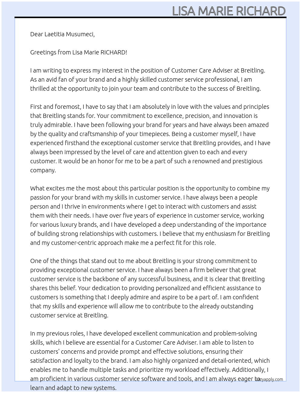 Customer Care Adviser At Breitling Cover Letter