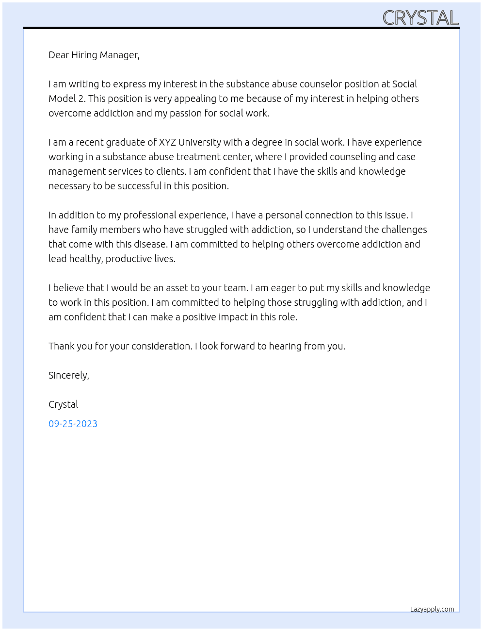 substance abuse counsolor At social model 2 Cover Letter
