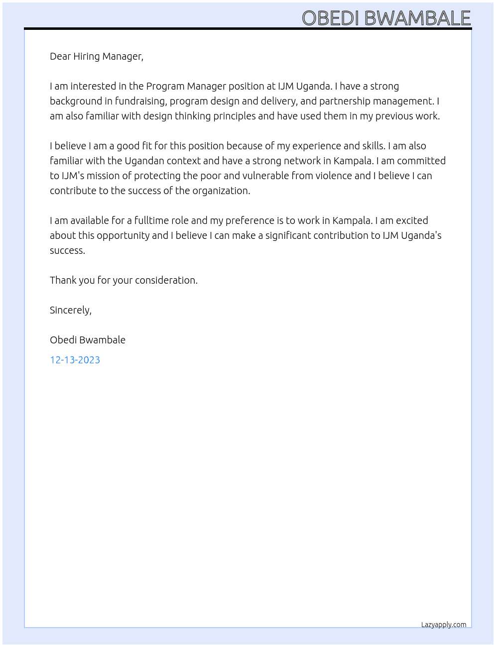 Program Manager At IJM Uganda Cover Letter