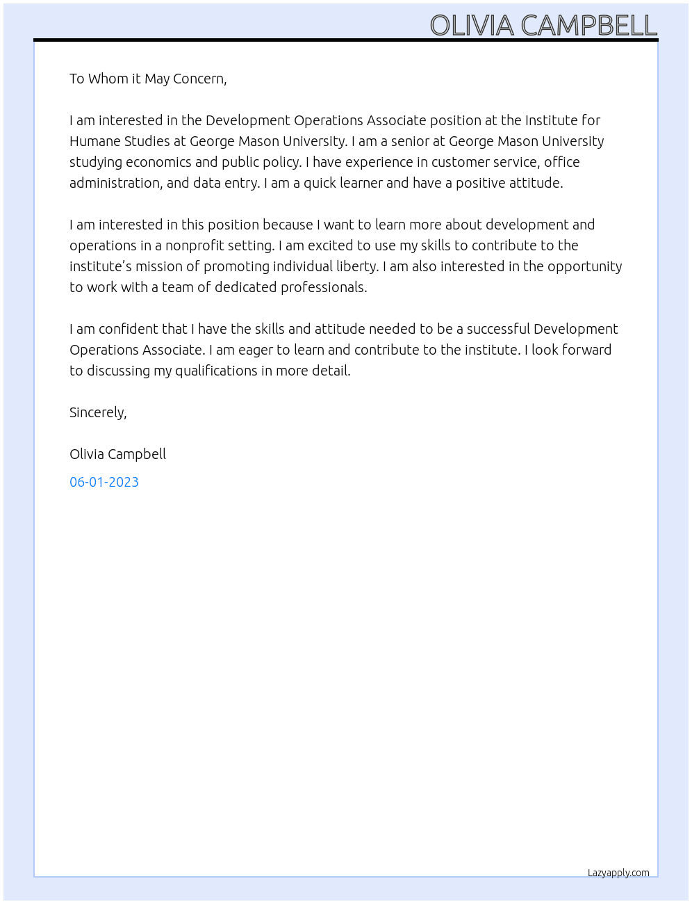 Development Operations Associate At Institute for Humane Studies at George Mason University Cover Letter