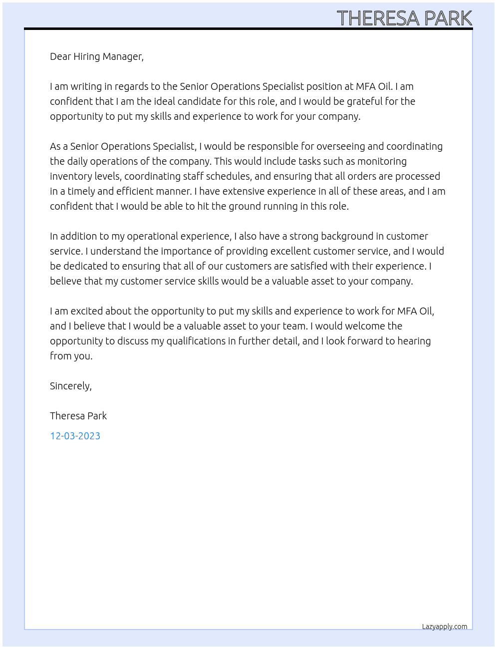 Senior Operations Specialist At MFA Oil Cover Letter